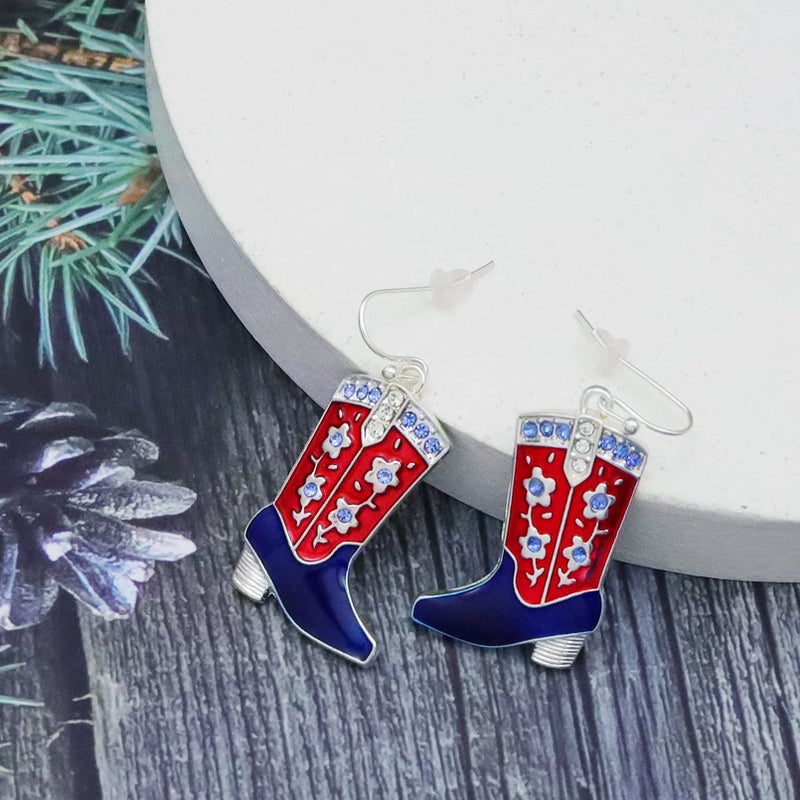 RechicGu 4th of July Earrings,Western West Cowgirl Texas Boots Spur Dangle Drop Earrings Rodeo Boho Fancy Dress Costume (Flower Silver Boots) - Image 5